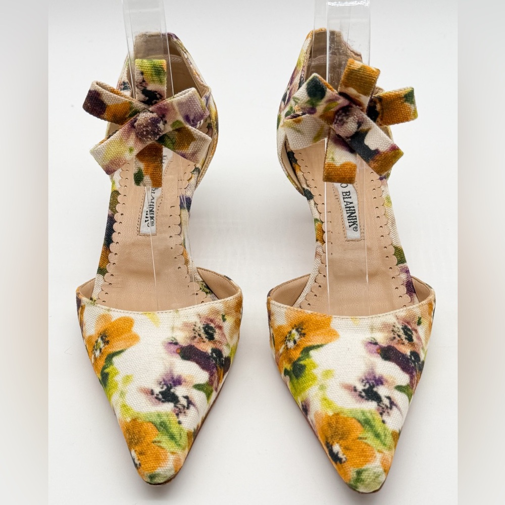 Manolo Blahnik Vintage Floral Canvas Slingback Kitten Heel Pumps EU 37.5 US 7.5 - Picture 10 of 14